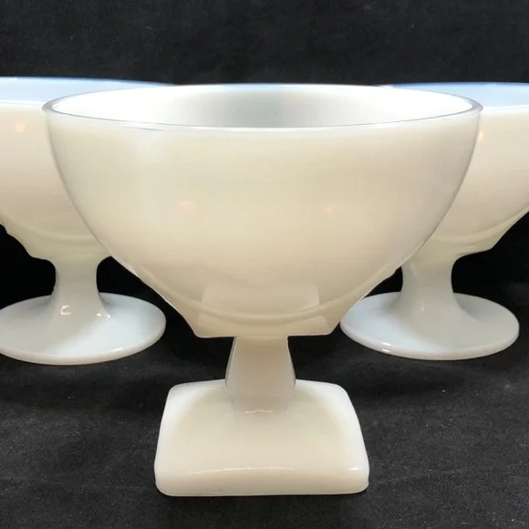 3 MILK GLASS PEDESTAL BOWLS/CANDY DISHES. 2 ROUND BOTTOM/1 SQUARE BOTTOM - Picture 3 of 13